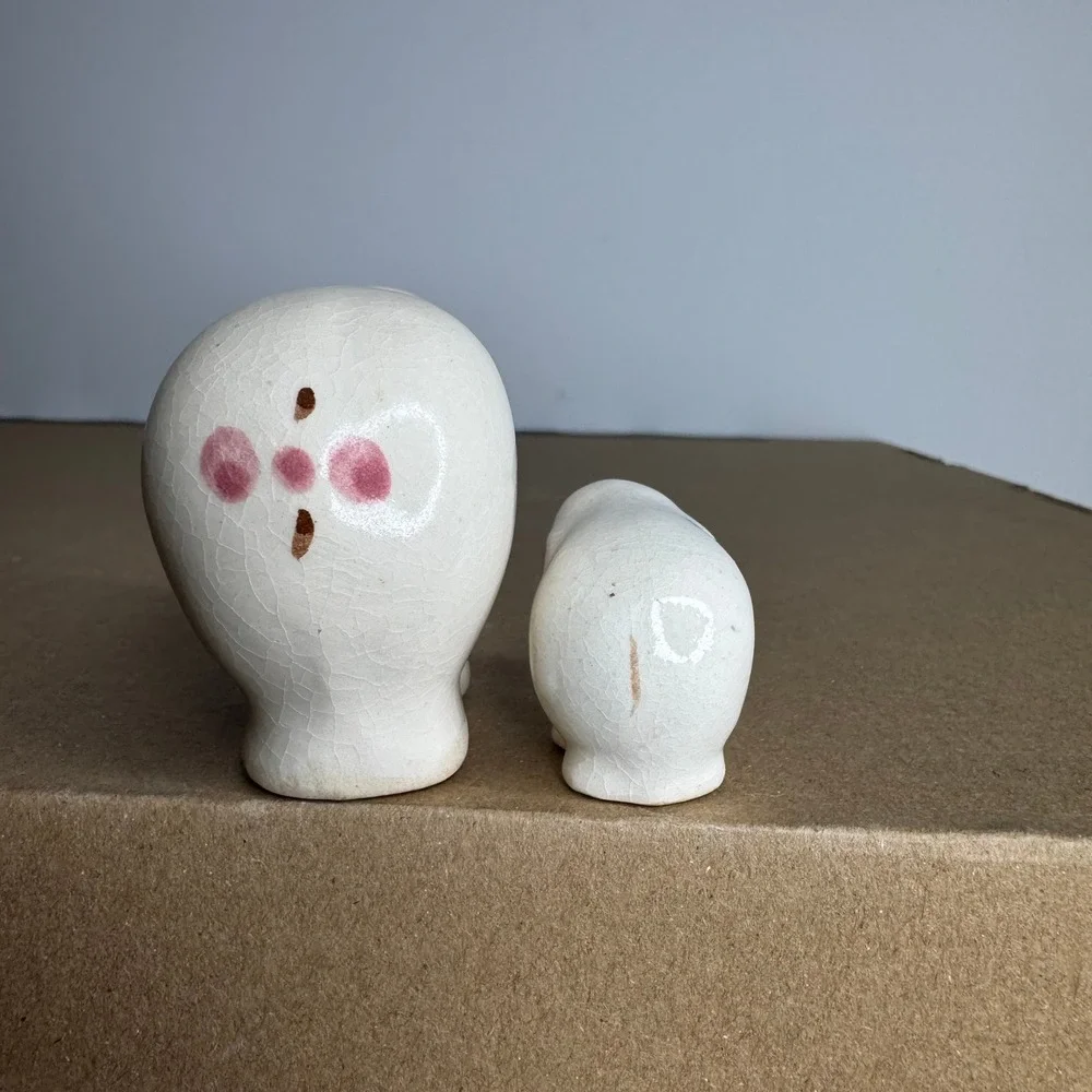 Vintage Ceramic Elephant Figurine‎ Set Mother Baby Pink Ears Crackle Glaze